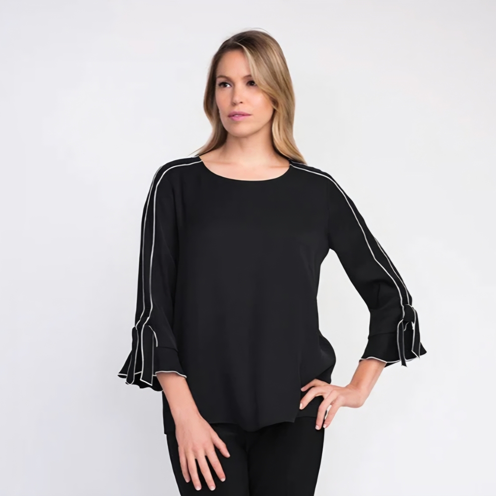 Alfani 1X Black Tunic Top Bell Sleeves Bow Detail with White Piping